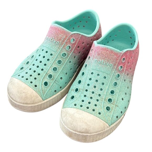 Native Kids Jefferson Glitter Slip-On Shoes C10 Aqua & Pink EVA Lightweight - Picture 5 of 7
